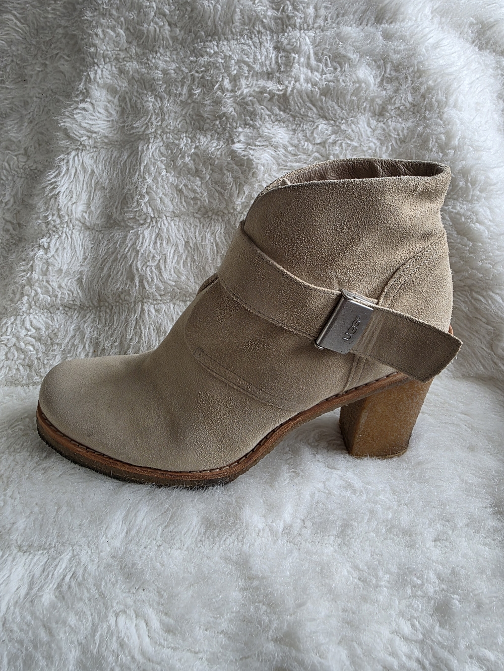 UGG Beige Suede Ankle Boot with Buckle Strap